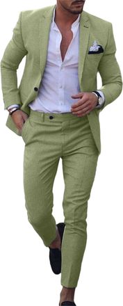 Generic Mens Suits 2 Piece Set,One Button Linen Cotton Solid Color Suit,Mens Suits Classic Fit 2 Piece for Beach (Light Green,4XL)