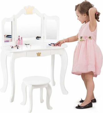 Costway Set Toeletta Trucco e Sedia per Bambine - Smontabile Specchio e Cassetto, Toletta Trucco 2 in 1, 80 x 42 x 105 cm, Bianco - Costway
