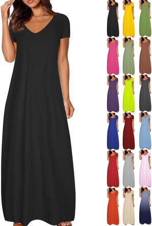 Generic Women Dresses Maxi for UK Summer Casual Long Dress Ladies Short Sleeve Round Neck Sundress Stretchy Loose Fit Plus Size Womens Clothing Black Dress