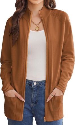 Grace Karin Women Autumn Winter Cardigan Long Sleeve Knitwear Stand Collar Elegant Zip Up Going Out Sweater Brown XL