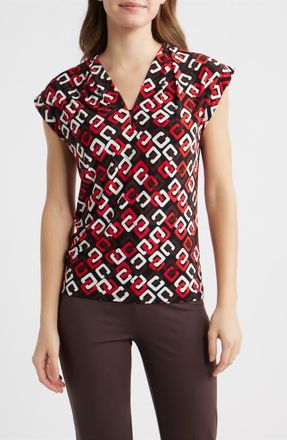 Anne Klein Pleated V-Neck Top in Begonia Red Multi at Nordstrom, Size X-Large