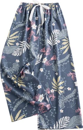 Generic Womens Pajama Bottoms Drawstring Elastic Waist Cropped Trousers Floral Printed Wide Leg Lounge Pants Casual Loose Fit Comfortable Sleep Pants for All 