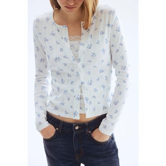 H&M Pointelle Jersey Cardigan in White/blue Floral at Nordstrom, Size Medium