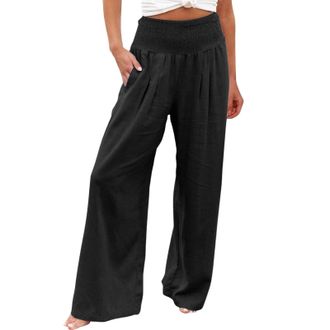 Generic Black Linen Trousers WomensCotton Linen Trousers Womens Summer Casual Elastic High Waist Long Pants with Pockets Fashion Straight Palazzo Wide Leg Tum