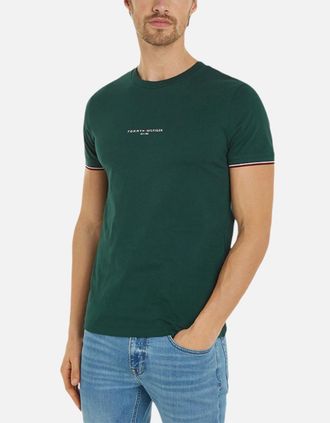 Tommy Hilfiger Mens Tommy Hilfiger 32584 Mens T Shirts Tipped Logo Slim Fit Crew Neck Cotton Tee New - Green - Size: 42