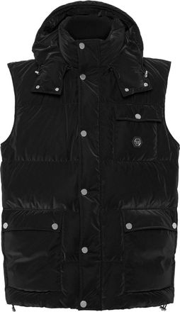 Philipp Plein logo-appliqu&eacute; hooded puffer gilet - men - Polyester/Polyester/Goose Down/Goose Feather - L - Black