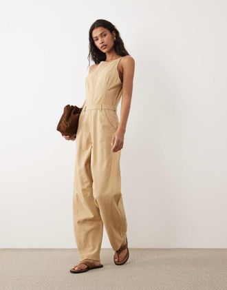 Asos Tuta jumpsuit in twill color pietra slavato con cuciture a vista-Neutro