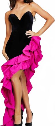 Jovani Velvet Strapless Gown In Black/fuchsia
