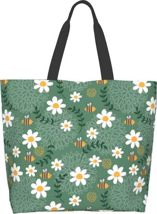 Generic SJOAOAA Unisex Shopping Bag Large Reusable Portable Storage, Cute Bees Wildflower Daisy1, One Size Shoulder Tote Grocery Bags Handbag