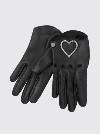 Philipp Plein Nappa Leather Gloves with Heart Embroidery and Rhinestones