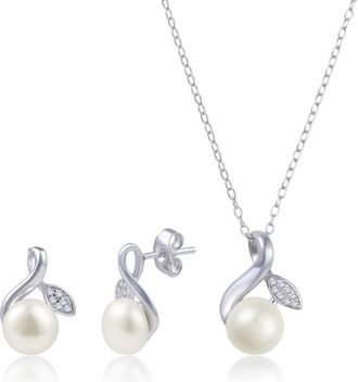 MAX + STONE 925 Sterling Silver Diamonds, Freshwater Pearl Earrings & Pendant Necklace Set