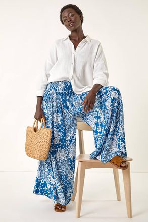 Roman Printed Shirred Wide Leg Trouser