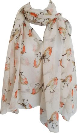 GlamLondon Robin Bird Scarf Watercolour Printed Robbins, Large Wrap, Cover Up, Scarves, Ladies Womens Gift, Glam-London Fashion Shawl (Cream)