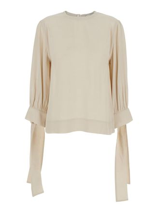 Tela Beige Blouse With Round Neck And Draped Sleeves In Fabric Woman