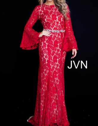 Jovani Long Bell Sleeve Crystal Embellished Belt Lace Dress In Red