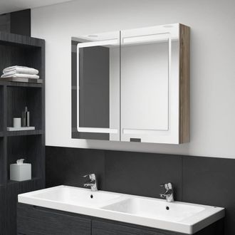 Berkfield Home LED Bathroom Mirror Cabinet Oak 80x12x68 cm in Brown | Size: 80 x 12 x 68 cm