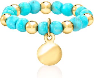 Ross-Simons 3-3.5mm Turquoise and 10kt Yellow Gold Bead Stretch Ring With Disc Charm. Large (9-10)