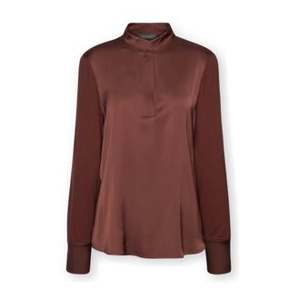 Elena Miro Overhemden, Dames, Bruin, XL, Satijn, Viscose T-shirt met mandarijnkraag