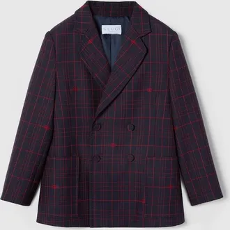 Gucci Kids - Double G Check Wool Jacket, Size 10 years, Blue, Ready-to-wear