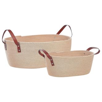 Beliani Conjunto De 2 Cestas De Algod&oacute;n Beige Claro Marr&oacute;n Hecho A Mano Asas Piel Gissar