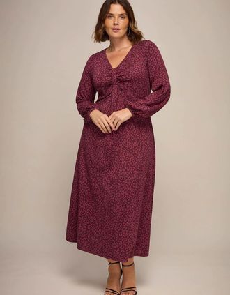 Live Unlimited London Womens Burgundy Animal Print Jersey Pleat Front Midi Dress - Purple - Size: 14