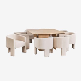 Sklum Sklum - Set De Mesa Cuadrada 140x140 Cm En Mdf Y Chapa De Fresno Ginger Y 8 Sillas De Comedor Terciopelo Xastru