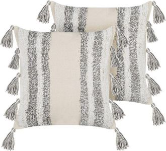 Beliani Beliani - Conjunto De 2 Cojines De Algod&oacute;n Gris Beige 45 X 45 Cm A Rayas Borlas Heliconia