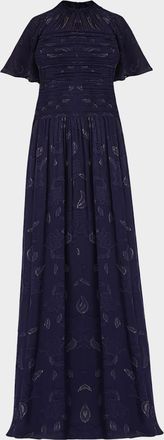 Shoshanna Serafina Flutter-Sleeve Floral Burnout Gown