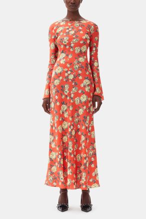 Ganni Red Orange Floral Printed Satin Maxi Dress - Size 32 Viscose