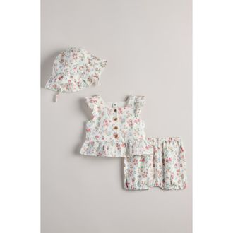 Nordstrom Ruffle Tank, Shorts & Bucket Hat Set in Ivory Egret Sugar Floral at Nordstrom, Size 12M