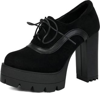 Generic Womens Platform Round Toe Oxford Shoes Block Heel Pumps Lace Up Fashion Casual Office Work Loafers (Black,5.5)