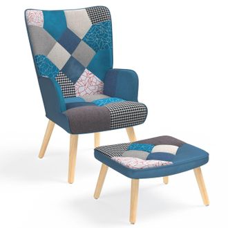 IDMarket Idmarket - Ivar Poltrona Scandinava Con Poggiapiedi In Tessuto Patchwork E Velluto Blu