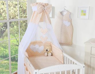 OEM Juego De Cama De 5 Piezas De 120x90 Cm Con Dosel - Corazones Colgantes, Lunares Blancos Sobre Fondo Beige