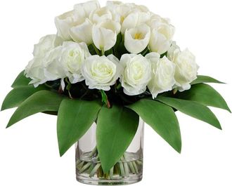 Nearly Natural Wedding Collection 20In Artificial Roses & Tulips Arrangement In Glass Vase