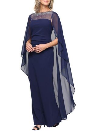 Alex Evenings Stretch Crepe & Chiffon Cape Gown in Navy at Nordstrom, Size 18
