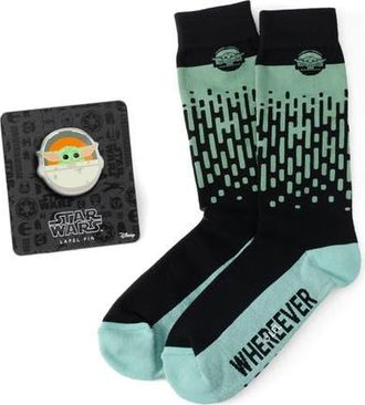 Cufflinks Inc. x Disney The Child Hidden Message Cotton Blend Dress Socks & Lapel Pin Set in Green Multi at Nordstrom, Size 10-13