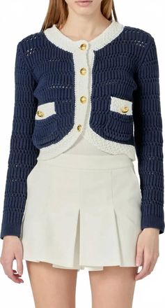English Factory Cropped Knit Sweater In Navy Blue