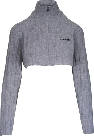 Miu Miu ribbed zip cardigan - women - Recycled Wool/Cashmere - 42 - Grey