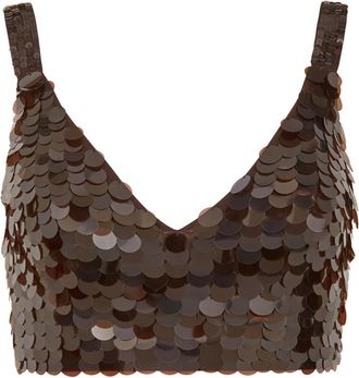 P.A.R.O.S.H. Bruine Pailletten Versierde V-hals Top - Dames - Tops zonder mouwen - Bruin - M - Pailletten - Tops