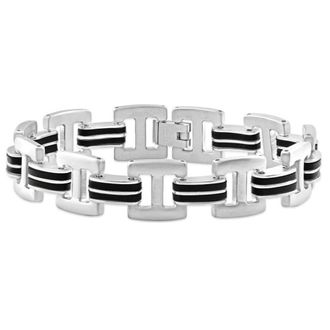 Pompeii3 Mens Steel Brushed Black Two Tone 14mm Link Flexible 8 Bracelet