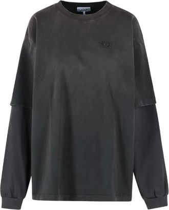 Ganni Washed Effect Katoenen Jersey Longsleeve - Dames - Longsleeves - Grijs - XL - Katoen - Tops
