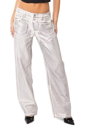 Edikted Jolene Metallic Straight Leg Jeans in Silver at Nordstrom, Size X-Small