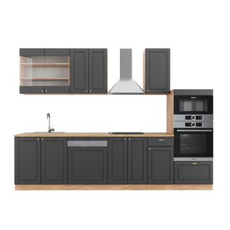 Vicco Mueble De Cocina Fame-line, Antracita Casa De Campo/roble Kraft Dorado, 300 Cm Con Armario Alto, Et Roble