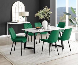 Furniturebox Carson White Marble Effect Dining Table & 6 Pesaro Black Leg Chairs in Green