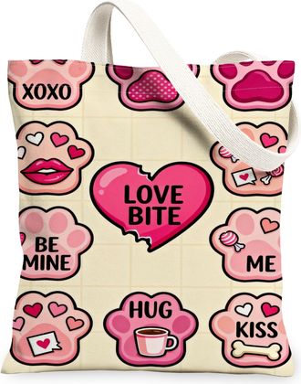 Generic ValentineS Day Heart Canvas Tote Bags, Cute Pattern Reusable Grocery Bags, Vintage Lightweight Washable Shoulder Strap Can, Peach, 13x15 Inch