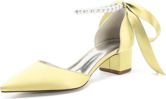 Generic Womens Pointed Toe Pearl Wedding Shoes Low Heels Bridal Shoes Satin Heels Chunky Block Heels Dance Shoes Pumps 4.5Cm,Yellow,10 UK