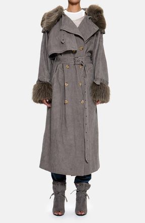 Jaded London Vania Oversize Faux Fur Hooded Trench Coat in Grey at Nordstrom, Size X-Small