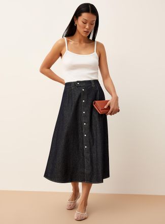 Icone Womens Iridescent buttons lightweight denim midi skirt