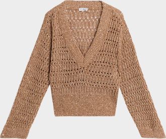 Brunello Cucinelli Openwork Braided Paillette Linen V-Neck Sweater