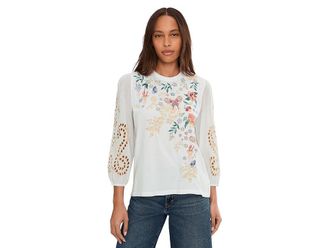 Johnny Was 3/4 Sleeve Mixed Media T-Shirts - Arva Womens Clothing White : 2XL, Cotton